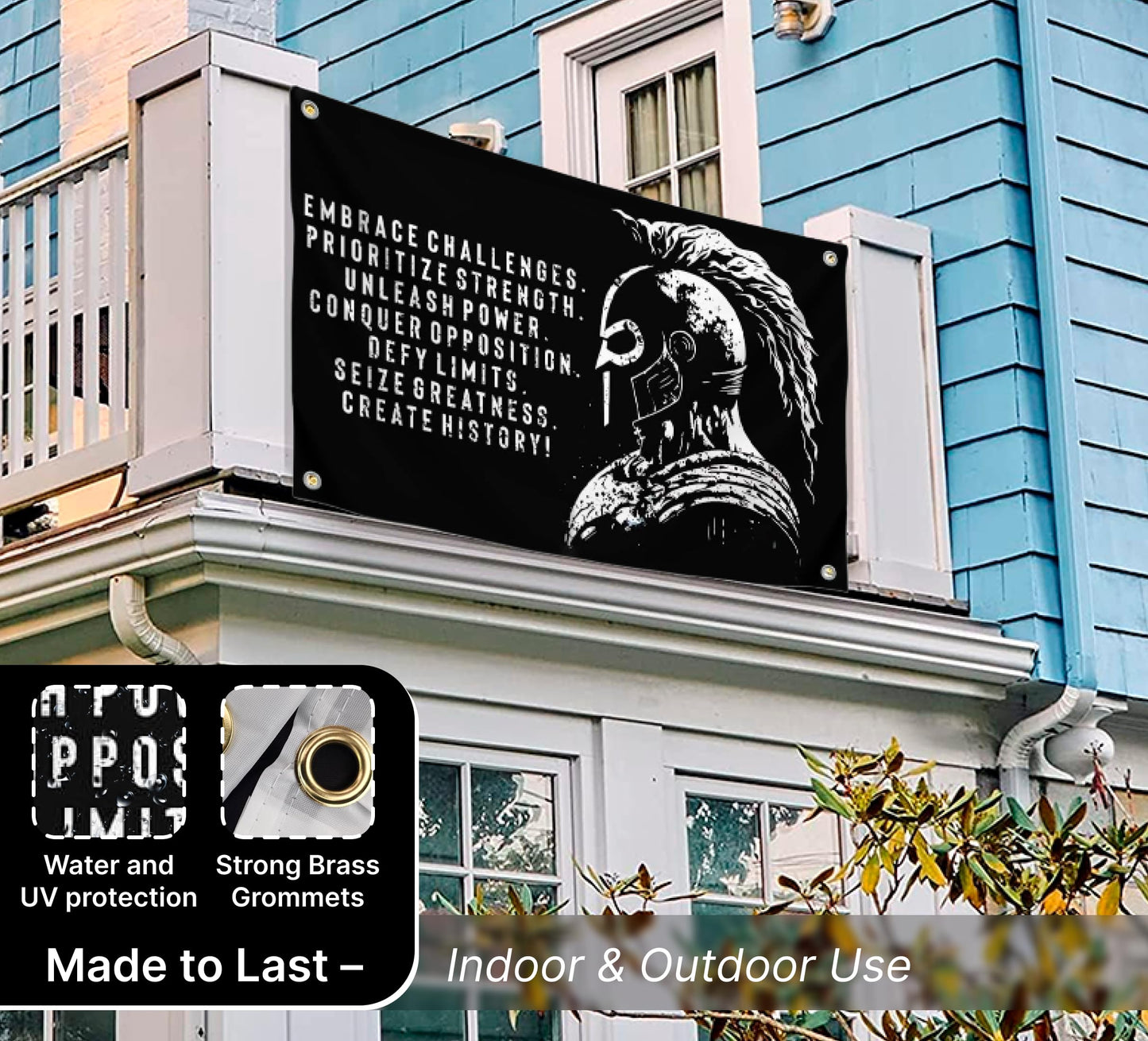 3x5 Ft Embrace Challenges Single Sided Banner with 4 Grommets - Large Motiv Quote Wall Polyester Flag for Home Gym Decor - Wall Flag with Gladiator Image and Quote - Banner Room Decor Aesthetic