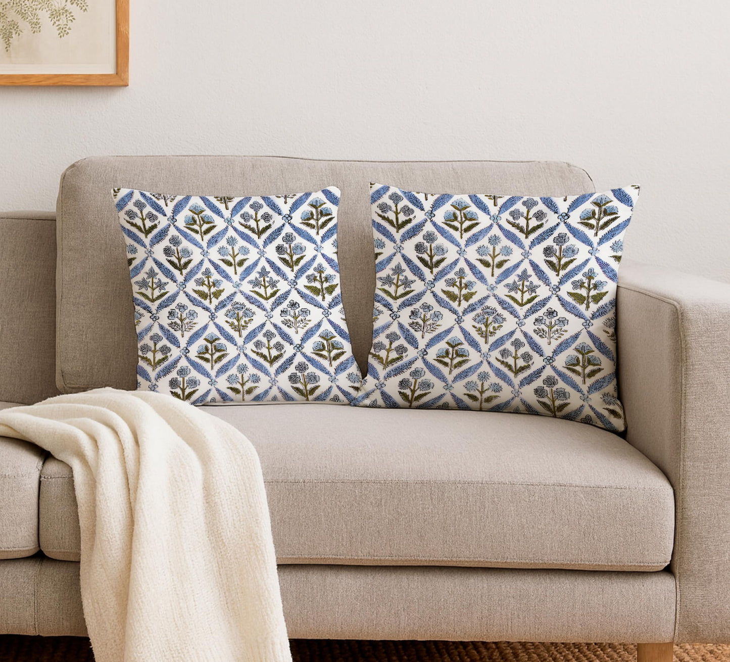 Set of 2 Decorative Throw Spring Pillow Covers 20x20 Inches - Light Steel Blue Block Print Throw Pillow Covers in Linen - Decorative Couch Pillows for Living Room - Chic Boho Cute Pillows Covers
