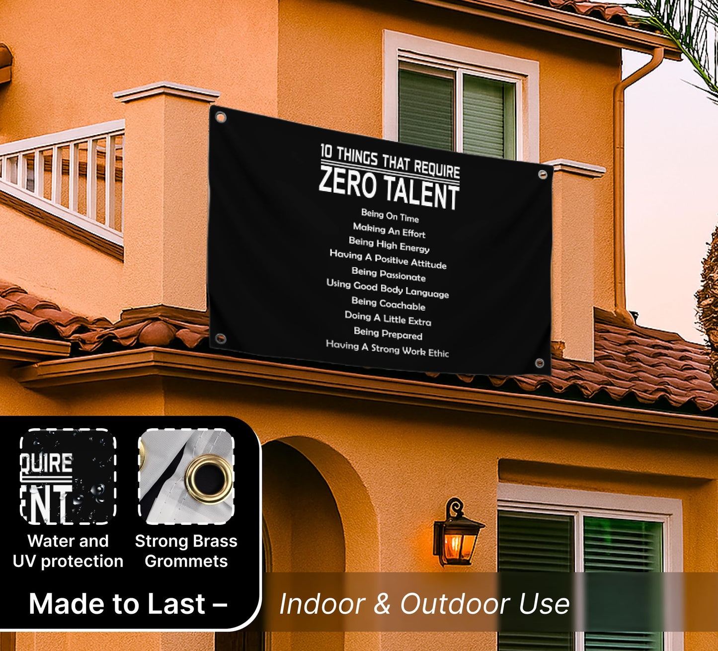 3x5 Feet 10 Things That Require Zero Talent Flag with Four Brass Grommets - Motivational Wall Art Banner for Classroom or Gym - Inspirational Home Leadership Quotes - Wall Flag for Indoor and Outdoor