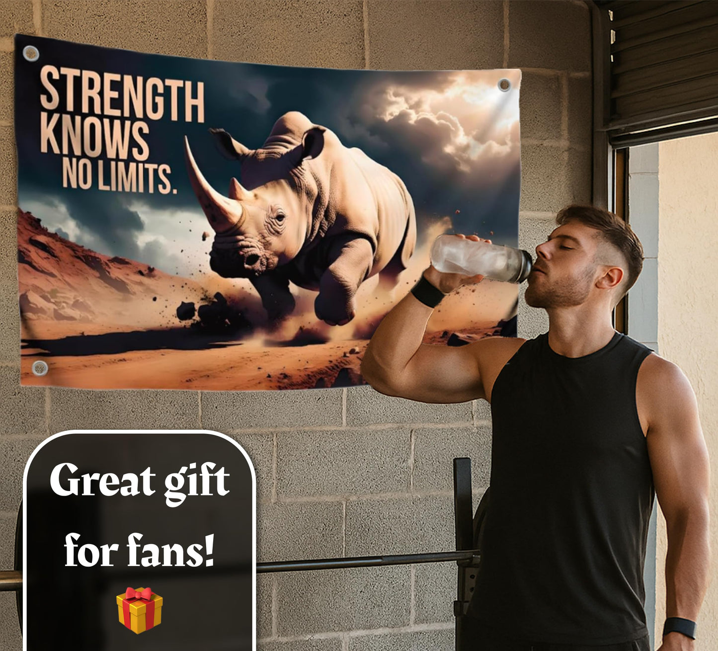 3x5 Feet Motivation Quote Polyester Flag "Strength Knows No Limit" with Four Brass Grommets - Rhinoceros Inspirational Banner for Men and Women - Motivational Gym Banner for Wall Decoration