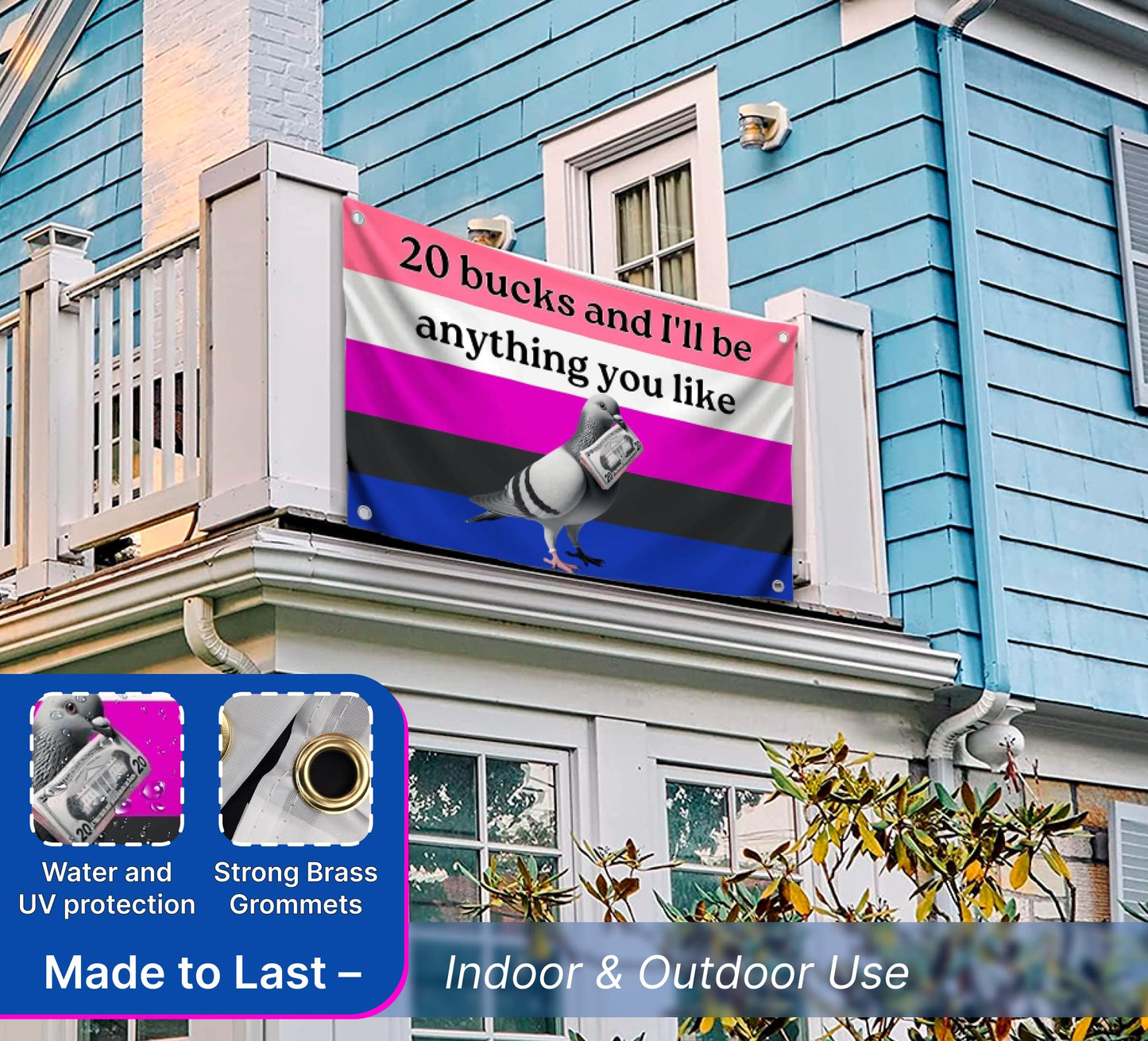 3x5 Feet Genderfluid Pigeon Pride Polyester Flag with Four Brass Grommets - Quote Multicolor Flag "20 Bucks and I'll Be Anything You Like" with Four Brass Grommets - American Money Banner for Home