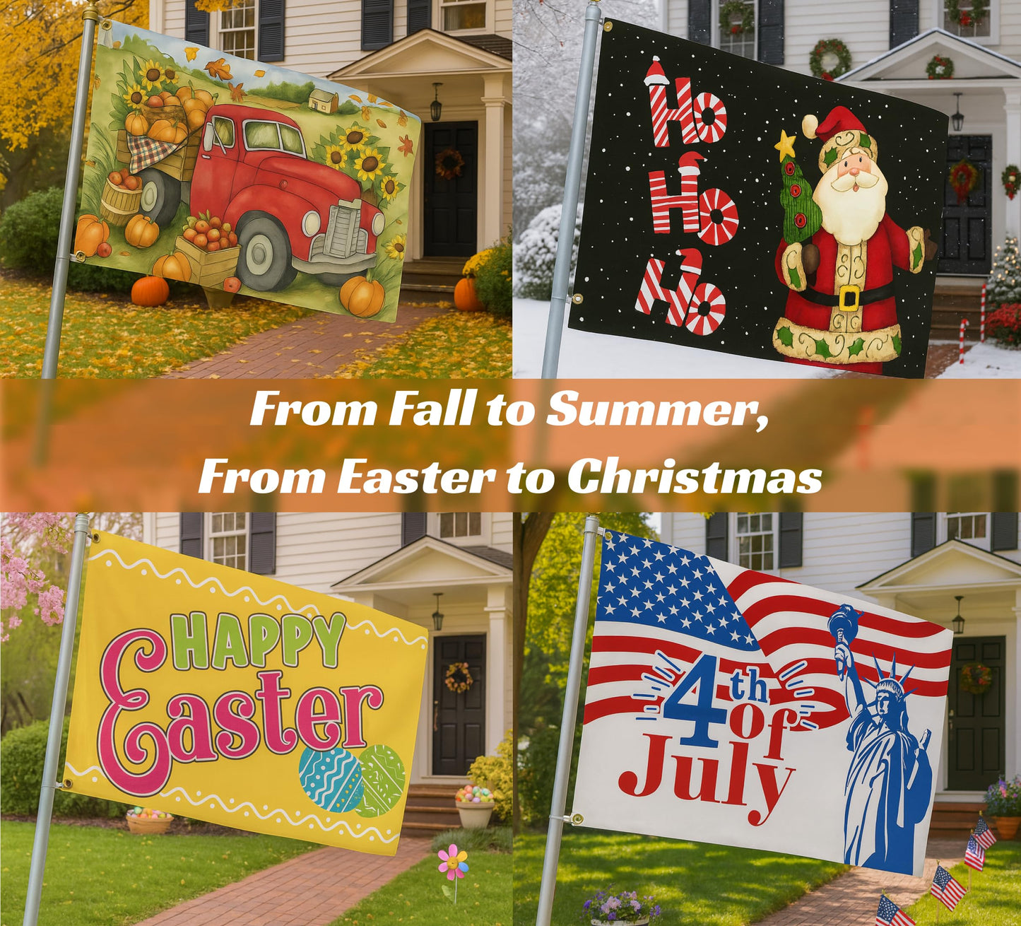Set 12X Seasonal Flags 3x5 Feet - Spring Summer Fall Winter Halloween Christmas Polyester/Nylon Flag with 2 Grommets - Single Sided Flags for All Seasons - Season Decor House and Garden Large Banner