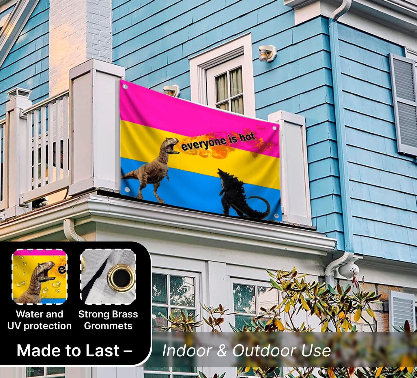 3x5 Feet Tapestry Flag Everyone Is Hot with Four Brass Grommets - Fire Flag with Dinosaurs and Godzilla - Polyester LGBT Banner for Decor Student Bedroom - Banners Can Be Used Indoor or Outdoor