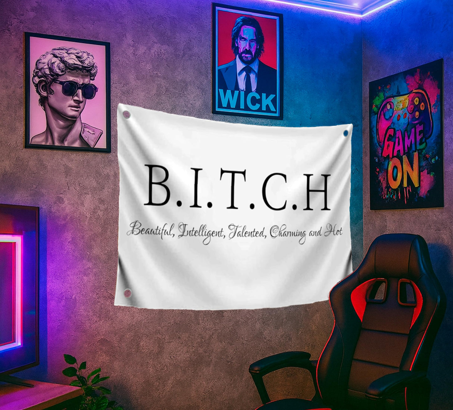 3x5 Ft Single Sided Tapestry B.I.T.C.H Polyester Flags with 4 Grommets - Banner on Beautiful Intelligent Talented Charming and Hot Wall Decor - Flags for Bedroom Girls or Tapestrie for College Dorm