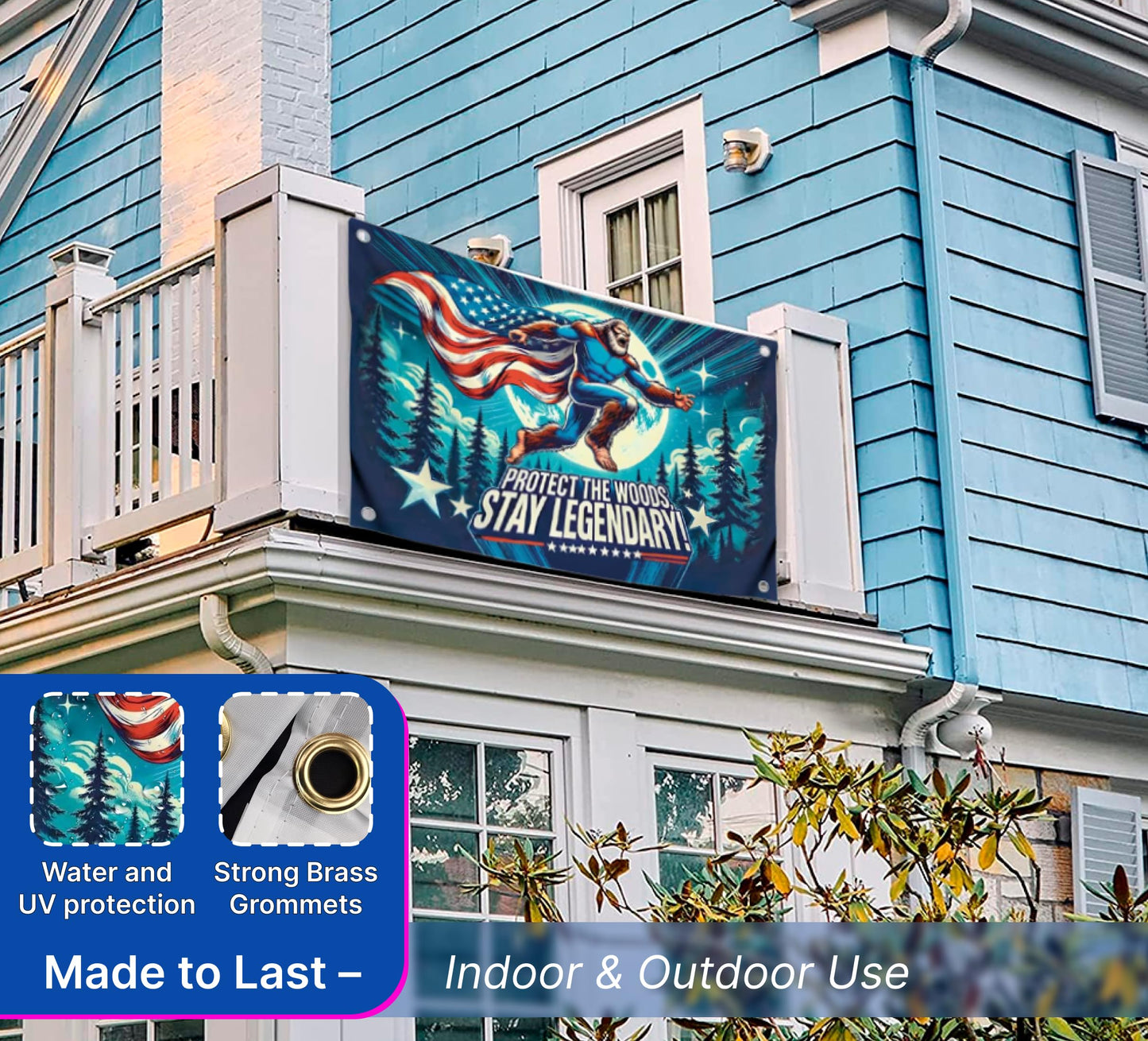 3x5 Ft Single Sided Polyester Banner with Quote “Protect the Woods, Stay Legendary” - Cool Tapestry with Four Brass Grommets - Wall Flag for Dorm Boys Yard or Camping Decor - Funny Bigfoot Meme Flag