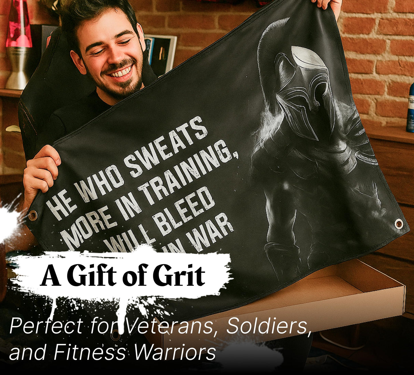 3x5 Ft Motivational Polyester Flag He Who Sweats More In Training Will Bleed Less In War with 4 Grommets - Improvement Wall Decor for Home or Gym - Wall Single Sided Flag with Spartan Image and Quote