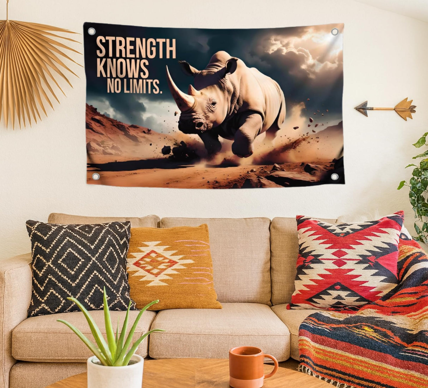 3x5 Feet Motivation Quote Polyester Flag "Strength Knows No Limit" with Four Brass Grommets - Rhinoceros Inspirational Banner for Men and Women - Motivational Gym Banner for Wall Decoration
