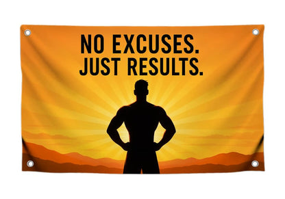 3x5 Feet Motivational Flags with Quote "No Excuses Just Results" with 4 Brass Grommets - Single Sided Cool Poster for Gym and Dorm Room College - Polyester Wall Tapestry Decoration for Gyus