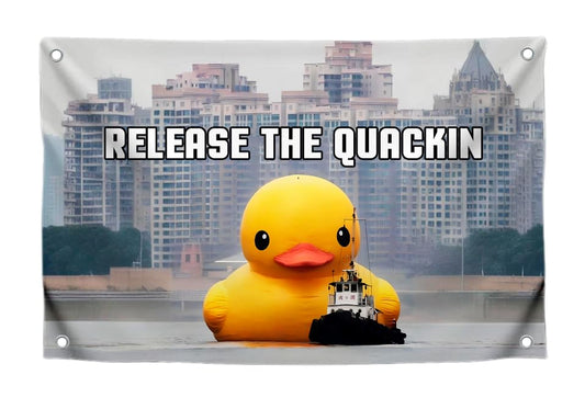 3x5 Feet Meme Flag with Quote "Release The Quackin" with Four Brass Grommets - Polyester Funny Flag with Duck on The Water - Single Sided Duckling Banner for Wall Decoration - Tapestries Flags Decor