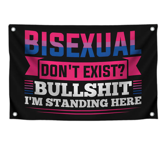 3x5 Feet LGBT Quote Polyester Flag "Bisexual Don't Exist? Bullshit I'm Standing Here" with Four Brass Grommets - Bisexual Banner Tapestry - Single Sided Funny Wall Flags for Decoration College Dorm