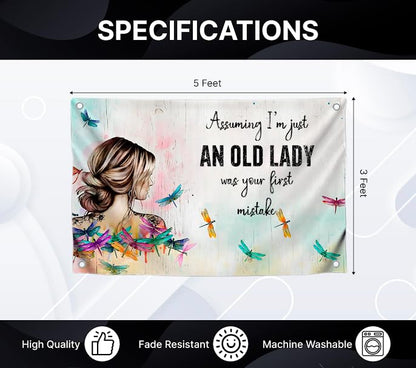 3x5 Ft Birthday Single Sided Polyester Flag "Assuming I'm Just An Old Lady Was Your First Mistake" with 4 Grommets - Funny Birthday Decor for Wall Living Room - Women Hippie Boho Banner for Badroom