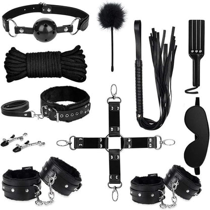 Sets of 11 Bondage for Sex - BDSM Leather Bondage Set - Restraint Kits for Women and Couples - Kinky Toys with Leathers Material - Adjustable Handcuffs Collar Ankle Cuff Blindfold Feather Tickler
