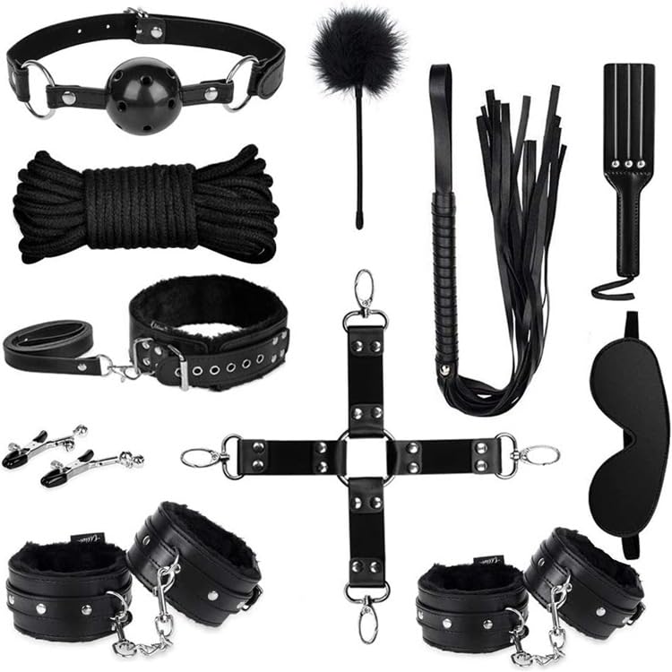 Sets of 11 Bondage for Sex - BDSM Leather Bondage Set - Restraint Kits for Women and Couples - Kinky Toys with Leathers Material - Adjustable Handcuffs Collar Ankle Cuff Blindfold Feather Tickler