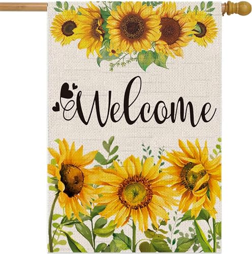 Double Sided Summer Garden Flag - Seasonal Large Outdoor Yard Flags of Burlap - Banner Welcome Summer or Spring - Outside Garden Yard Decorations - Welcome Flower Summer Outdoors Flag