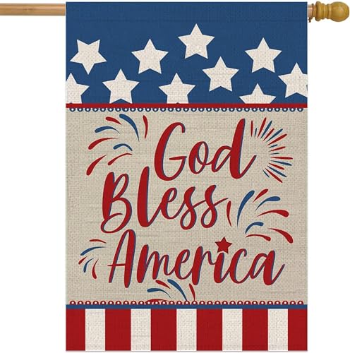 Double Sided Summer Garden Flag - God Bless America House Flags - Seasonal Large Outdoor Yard Flags of Burlap - Patriotic Flag Decorations for Home - Outdoor Decorative Banners for Yard