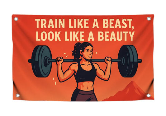 3x5 Ft Motivational Fitness Flag for Girls with Quote “Train Like a Beast Look Like a Beauty” with 4 Brass Grommets - Single Sided Polyester Poster for Home Decor - Gym Tapestry for Outdoor or Indoor