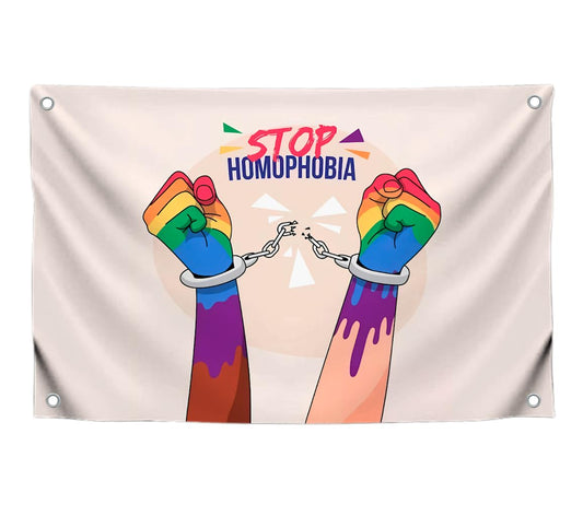 3x5 Feet Multicolor Hands in Handcuffs Quoted Polyester Flags "Stop Homophobia" with Four Brass Grommets - Funny Wall Flags for Decor College Dorm Room Guys - LGBT Tapestry Flag for Indoor or Outdoor