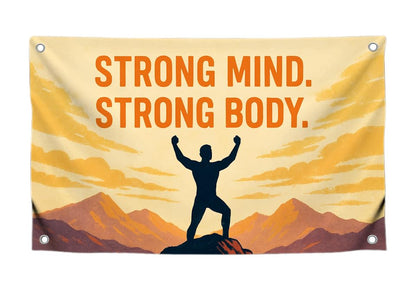 3x5 Feet Wall Flags with Quote Motivational "Strong Mind Strong Body" with Four Brass Grommets - Single Sided Cool Funny Banner for Gym Decor and College Room - Polyester Wall Tapestry for Office
