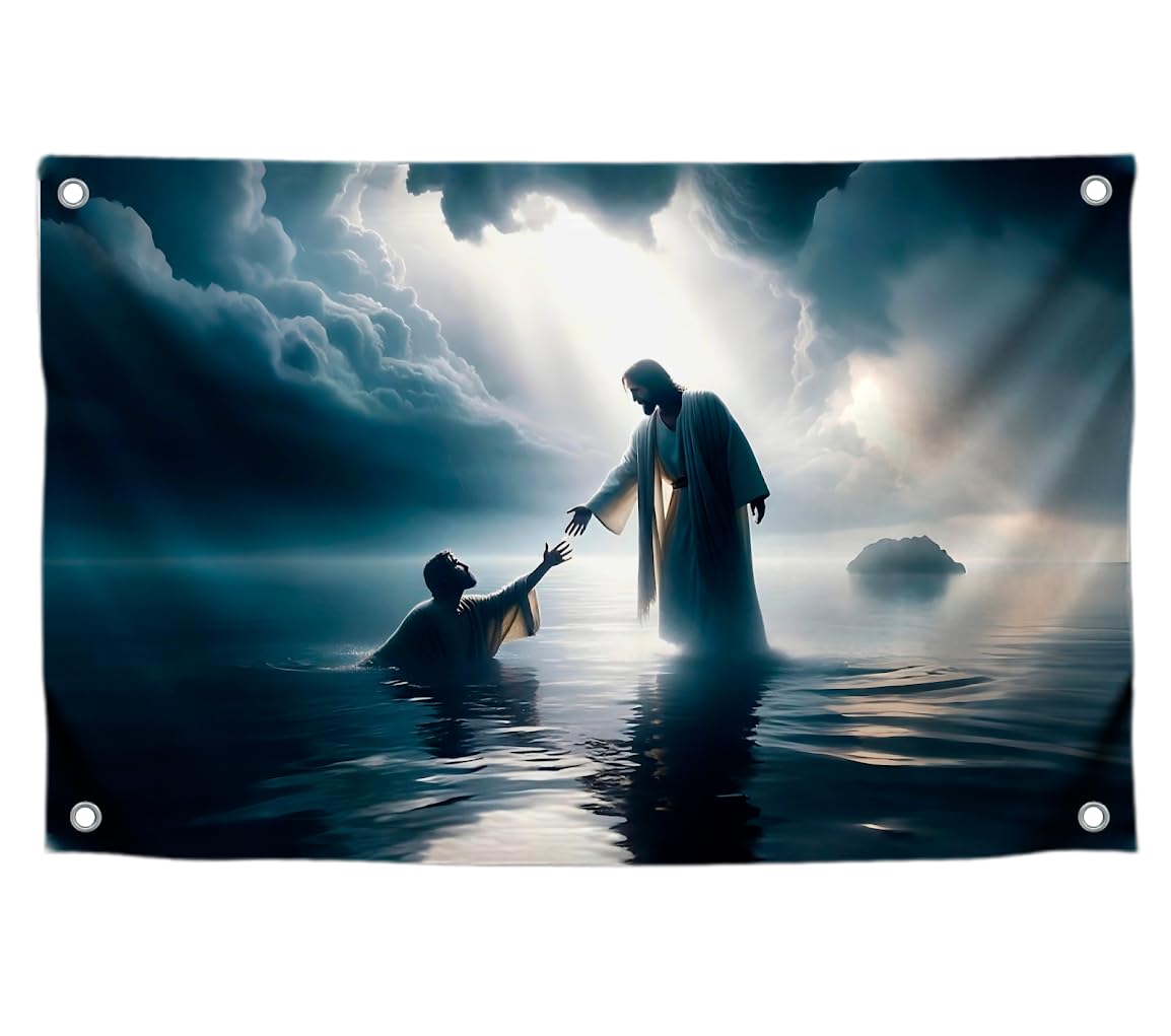 3x5 Ft Scene of Walking on Water Jesus Polyester Flag - Christian Jesus Easter Flags for 4th of July - Wall Decor God on Water Banner - Religious Christian Jesus for Bedroom - God Flag for Wall Decor