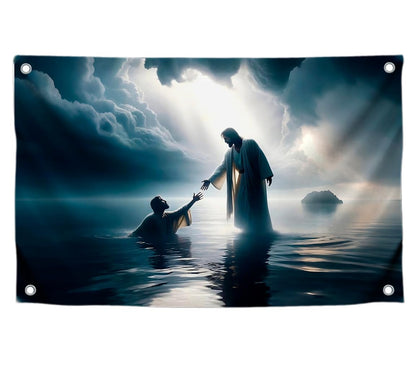 3x5 Ft Scene of Walking on Water Jesus Polyester Flag - Christian Jesus Easter Flags for 4th of July - Wall Decor God on Water Banner - Religious Christian Jesus for Bedroom - God Flag for Wall Decor
