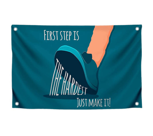 3x5 Ft Motiv Quote Polyester Flag First Step Is The Hardetst Just Make It! with Four Brass Grommets - Inspire Your Workout with this Banner - Perfect Fitnes Wall Decor - Stay Motivated with Cool Flag