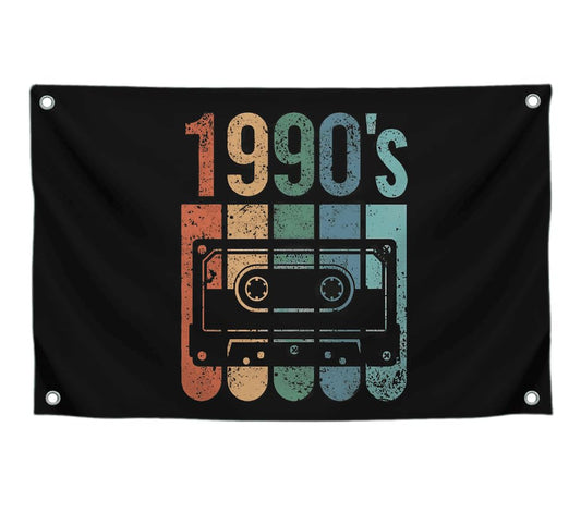 3x5 Feet Retro Flag with Cassette 1990's with Four Brass Grommets - Wintage Black Music Banner for Wall Decoration - Polyester Flag for Badroom - Funny House Cool Flags for Garden Yard Party