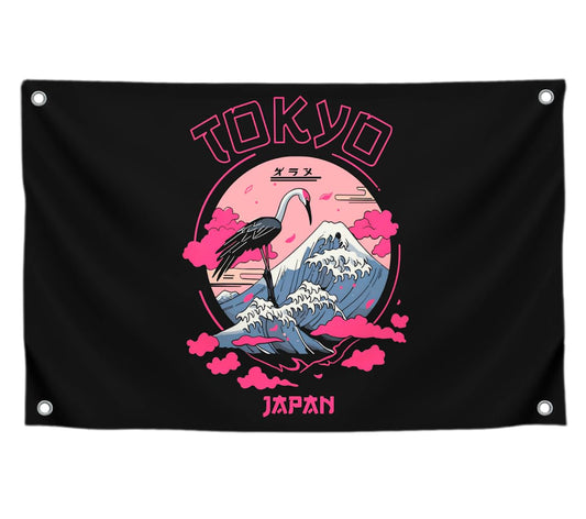 3x5 Ft Black and Pink Tokyo Polyester Flag with 4 Brass Grommets - Japan Design for Wall Decoration - Japan Country Flags - Banner with Image Crane Against the of Mountains - Cool Flags for Decor Home