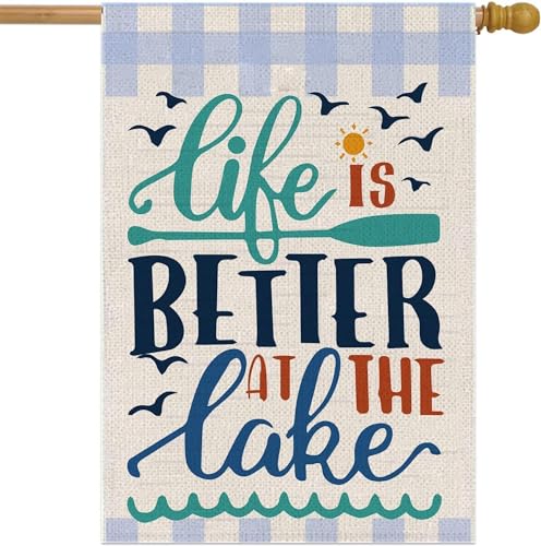 Double Sided Summer Garden Flag - Banner Life Is Better At The Lake - Holiday Yard Outdoor Decoration - Seasonal Large Outdoor Yard Flags of Burlap - Welcome Summer Flags for Outdoor