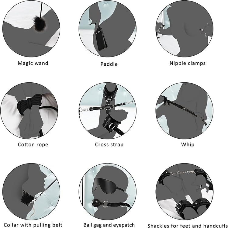 Sets of 11 Bondage for Sex - BDSM Leather Bondage Set - Restraint Kits for Women and Couples - Kinky Toys with Leathers Material - Adjustable Handcuffs Collar Ankle Cuff Blindfold Feather Tickler