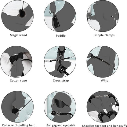 Sets of 11 Bondage for Sex - BDSM Leather Bondage Set - Restraint Kits for Women and Couples - Kinky Toys with Leathers Material - Adjustable Handcuffs Collar Ankle Cuff Blindfold Feather Tickler