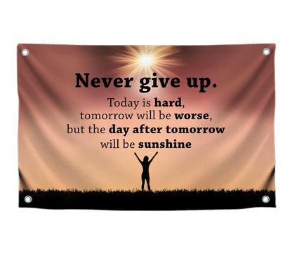 3x5 Feet Inspirational Quoted Polyester Flag Never Give Up with Four Brass Grommets - Inspirational Cool Poster for Room - Single Sided Quote Wall Flag Decoration - Motivational Positive Quotes