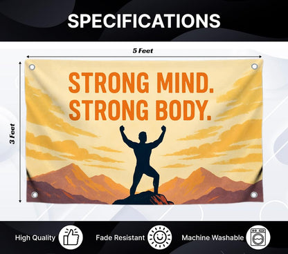 3x5 Feet Wall Flags with Quote Motivational "Strong Mind Strong Body" with Four Brass Grommets - Single Sided Cool Funny Banner for Gym Decor and College Room - Polyester Wall Tapestry for Office