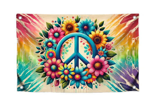 3x5 Feet Multicolored Peace Single Sided Flag with 4 Brass Grommets - Rainbow Flowers Polyester Banner for Wall Decoration - World Peace Sign Symbol Flags - Floral Holiday Farmhouse Lawn Decor Poster