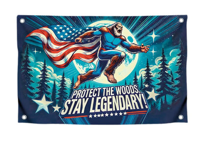 3x5 Ft Single Sided Polyester Banner with Quote “Protect the Woods, Stay Legendary” - Cool Tapestry with Four Brass Grommets - Wall Flag for Dorm Boys Yard or Camping Decor - Funny Bigfoot Meme Flag
