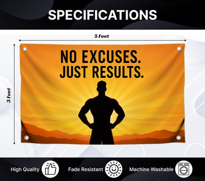 3x5 Feet Motivational Flags with Quote "No Excuses Just Results" with 4 Brass Grommets - Single Sided Cool Poster for Gym and Dorm Room College - Polyester Wall Tapestry Decoration for Gyus