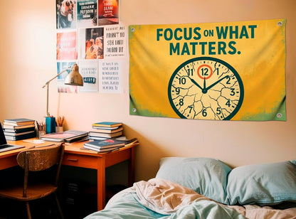 3x5 Ft Wall Flag Motivational with Image Clock Quote "Focus on What Matters" with 4 Brass Grommets - Single Sided Polyester Tapestry for College - Inspirational Banner for Office Gym or Home Decor