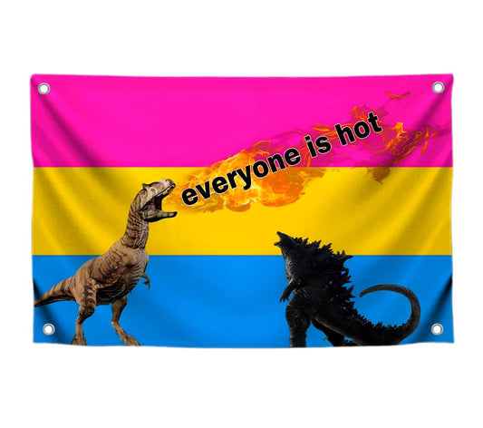 3x5 Feet Tapestry Flag Everyone Is Hot with Four Brass Grommets - Fire Flag with Dinosaurs and Godzilla - Polyester LGBT Banner for Decor Student Bedroom - Banners Can Be Used Indoor or Outdoor