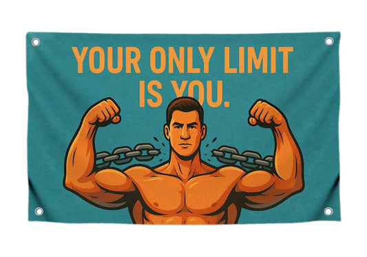3x5 Feet Motivational Gym Flag with Quote "Your Only Limit Is You" with 4 Brass Grommets - Single Sided Cool Flags Image of Muscular Man Poster for Home Decor - Gym Wall Tapestry for Outdoor or Indoor