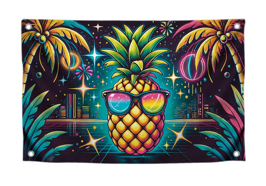 3x5 Feet Single Sided Flag with Four Brass Grommets - Neon Pineapple with Sunglasses - Tropical Night City Polyester Banner - Party Flag for Summer Vibes - Fun Poster for Beach Celebrations