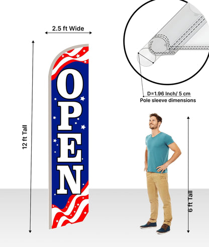12x2.5 Feet Tall Feather Single Sided Flags "Open" - Feathers Banners Open Themed - Decorations Glory Stars Stripes Banner - OpenPolyester Flag Banner for Storefronts - Flagpole is Not Included