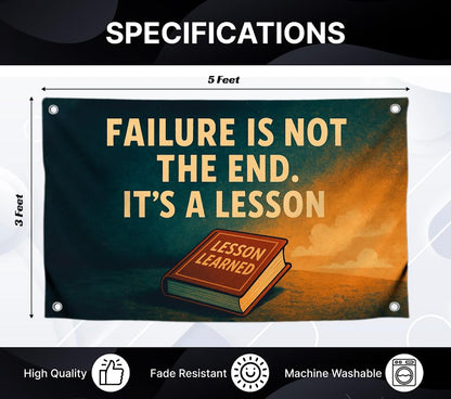 3x5 Feet Motivational Wall Flag with Quote "Failure Is Not the End It’s a Lesson" with 4 Brass Grommets - Single Sided Polyester Tapestry for Bedroom - Motivation Banners for Room Decor Office and Gym