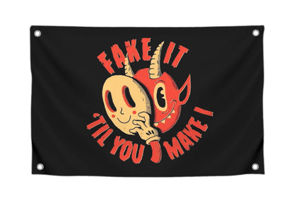 3x5 Feet Funny Quoted Flag "Fake It Til You Make It" with 4 Brass Grommets - Black Polyester Banner with the Image of a Bizarre Mask - Funny Meme Wall Decorations - Quote Flag for Outdoor or Indoor