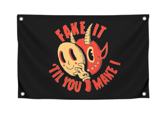 3x5 Feet Funny Quoted Flag "Fake It Til You Make It" with 4 Brass Grommets - Black Polyester Banner with the Image of a Bizarre Mask - Funny Meme Wall Decorations - Quote Flag for Outdoor or Indoor