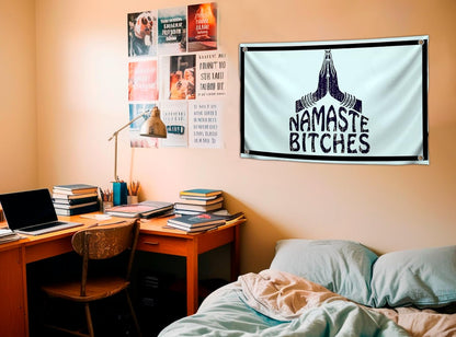3x5 Feet Humorous Quote Flag "Namaste Bitches" with Four Brass Grommets - Handwritten Decorative Drawn Symbols Yard Outdoor - Decadence Banner for Patio Lawn or Home Decoration