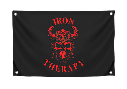3x5 Feet Large Wall Flag With Quote "Iron Therapy" with Four Brass Grommets - Skull Gym Tapestry or Home Gym Decor - Inspirational Home Leadership Quotes - Wall Flag for Indoor and Outdoor