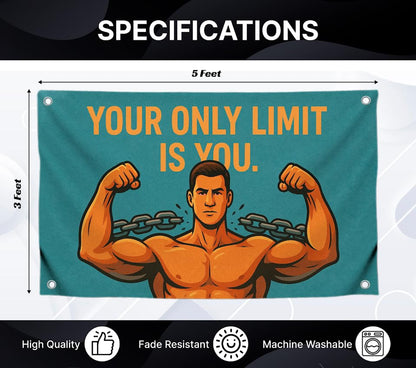 3x5 Feet Motivational Gym Flag with Quote "Your Only Limit Is You" with 4 Brass Grommets - Single Sided Cool Flags Image of Muscular Man Poster for Home Decor - Gym Wall Tapestry for Outdoor or Indoor