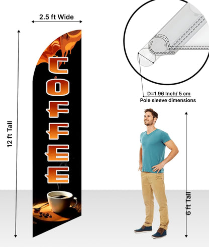 12x2.5 Feet Tall Feather Single Sided Flags "Coffee" - Coffee Flags for Businesses or Lunch - Special Coffеe Themed Polyester Flag - Windless Swooper Coffеe Tapesry Portable - Flagpole is Not Included