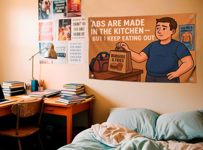 3x5 Feet Motivational Polyester Flag with Quote "ABS Are Made In The Kitchen - But I Keep Eating Out" with Four Brass Grommets - Inspirational Stay with Cool Motivation - Funny Wall Decor for Gym