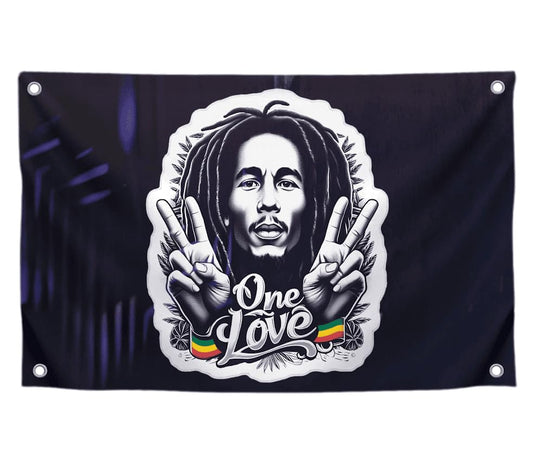 3x5 Feet Marley Wall Hanging Tapestry Flag with One Love with Four Brass Grommets - Aesthetic Rasta Stoners Tapastry - Hippie Decorations Posters for Jamaican Party - Polyester Flag with Men