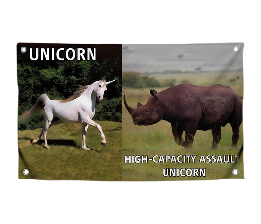 3x5 Feet Animals Flag with Quote "High-Capacity Assault Unicorn" with Four Brass Grommets - Cool Meme Decor Flags for Wall Bedroom - Single Sided Polyester Party Banners for Room Dorm College